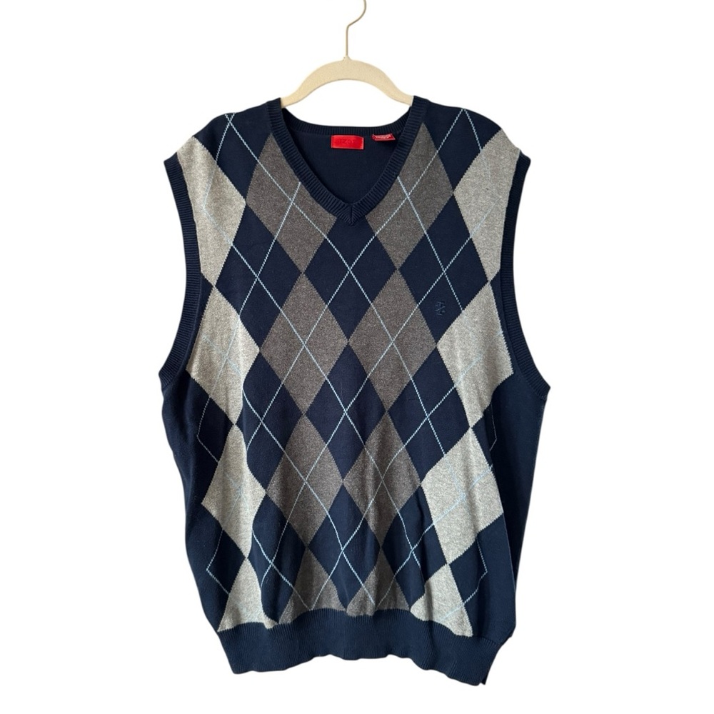 Izod Men’s Navy Blue Gray Argyle Knit V-Neck Sweater Vest Classic Academia Sz L
